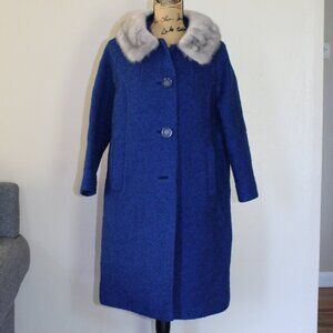 Vintage Royal Blue Wool Bouclet 3/4 Sleeve Gray Mink Fur Collar Coat Women's M